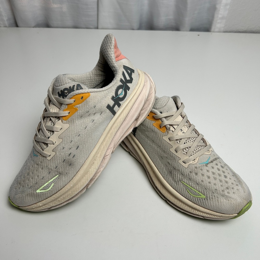 Hoka Clifton 9 Womens Running Shoes Tan Cream Orange Pink 1127896 Size 8.5B